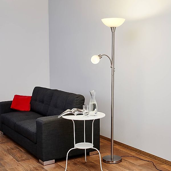 Lindby Stehlampe Elaina, Leselicht, nickelfarben, 180cm, E27 günstig online kaufen