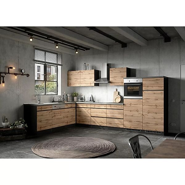 Held Möbel Winkelküche Turin 360 x 240 cm Wotaneiche-Graphit mit E-Geräten günstig online kaufen
