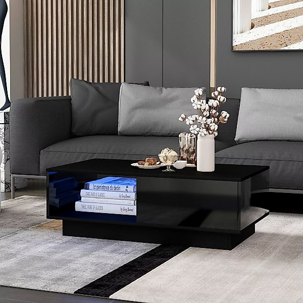 Hochglanz Couchtisch 95x55x32 cm Schwarz mit LED-Licht Regalen und Schublad günstig online kaufen