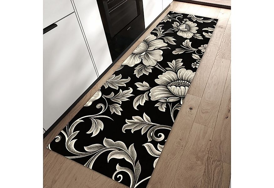 Primedeco Teppich Küchenteppich Blumenmuster Schwarz PVC rutschfest abwasch günstig online kaufen