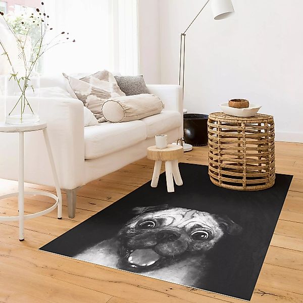 Vinyl-Teppich Illustration Hund Mops Malerei auf Schwarz Weiß günstig online kaufen