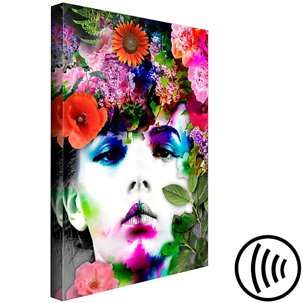 Wandbild Blumenkrone - buntes Porträt einer Frau mit einem Blumenkranz XXL günstig online kaufen