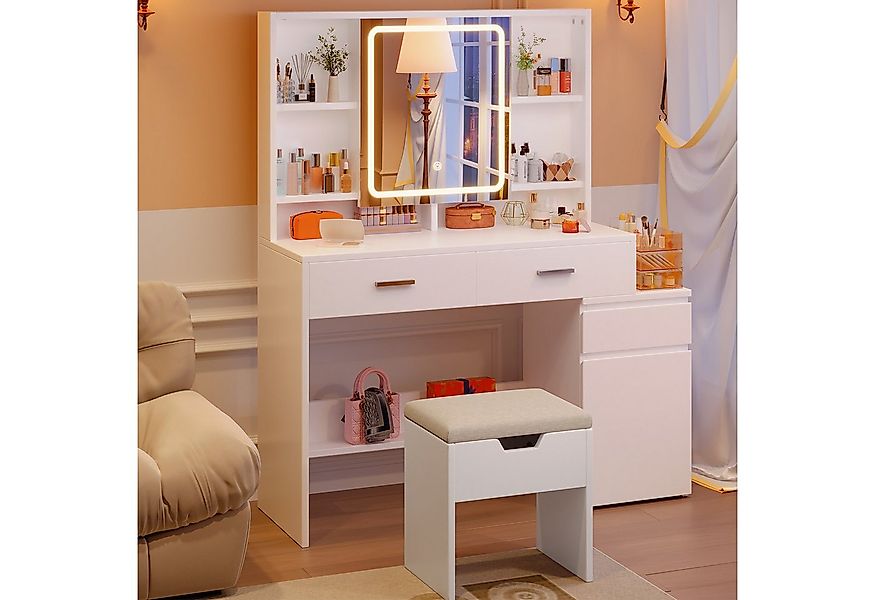 Furnicopia Schminktisch Mit dreifarbiger LED-Beleuchtung Weiß Mit 8 Fächern günstig online kaufen