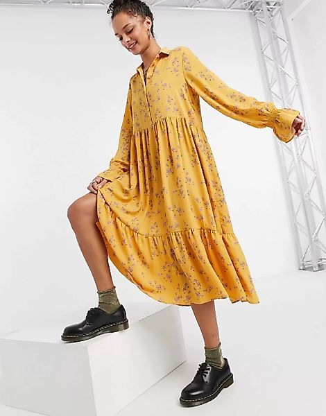 Monki – Parly – Mittellanges Hängerkleid aus recycelten Materialien in Gelb günstig online kaufen