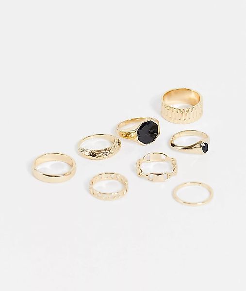 ASOS DESIGN – Goldfarbenes Ring-Set mit Kettendesign und schwarzem Detail i günstig online kaufen