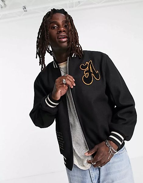 ASOS DESIGN – Oversize-Jacke aus Wollmischung im College-Design in Schwarz günstig online kaufen