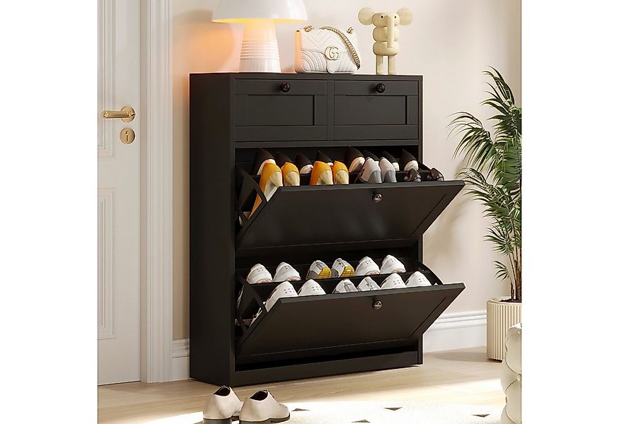 VOWNER Schuhschrank mit 2 Klappen, Schuhregal, 80 x 24 x 100 cm Schwarz günstig online kaufen