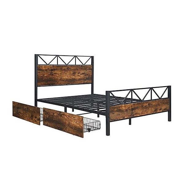 IDEASY Metallbett Vintage-Holzfarben, Zwei Schubladen mit Rollen,140x200cm, günstig online kaufen