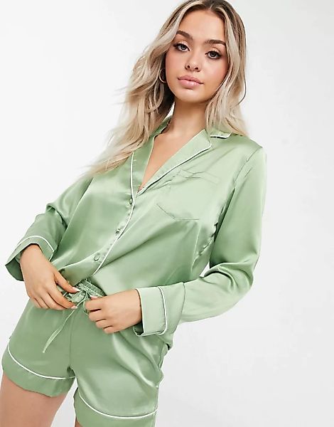 ASOS DESIGN – Mix & Match – Pyjamahemd aus Satin in Salbei-Grün günstig online kaufen