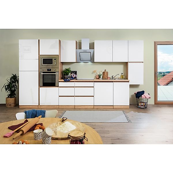 Respekta Premium Küchenzeile Grifflos 395 cm Weiß Hochglanz-Eiche Sägerau günstig online kaufen