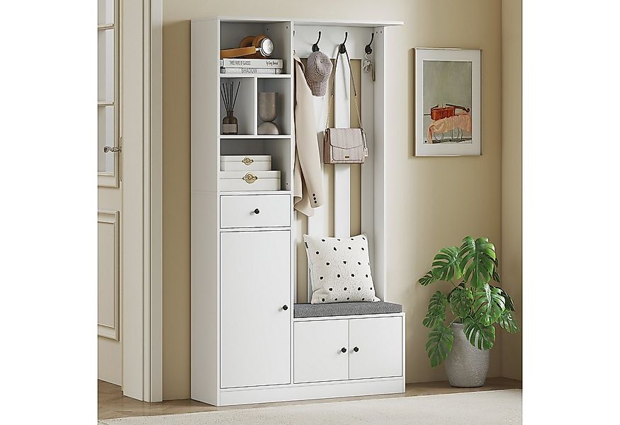 HOMCOM Garderobenständer mit Kleiderständer, Schuhbank, 4 Haken, offene Abl günstig online kaufen