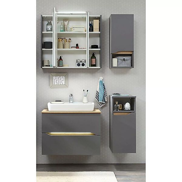 Badezimmer Möbel Set in Quarzgrau Matt Touch mit Riviera Eiche Nb. QENA-66, günstig online kaufen