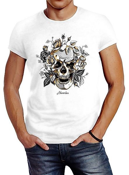 Neverless Print-Shirt Herren T-Shirt Totenkopf Rosen Skull Roses Schädel Sl günstig online kaufen