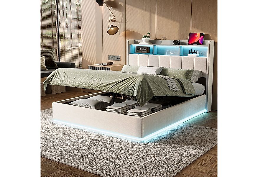 Gdood Polsterbett Stauraumbett LED Doppelbett (1-tlg., Ausgestattet mit hyd günstig online kaufen
