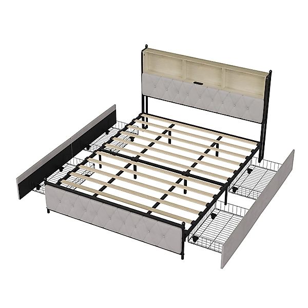 PXloue Doppelbett mit LED-Beleuchtung-4 Schubladen und Ladestation-Samt 180 günstig online kaufen