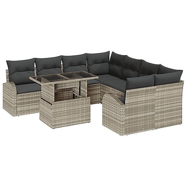 vidaXL Loungesofa 9-tlg. Garten-Sofagarnitur mit Kissen Hellgrau Poly Ratta günstig online kaufen