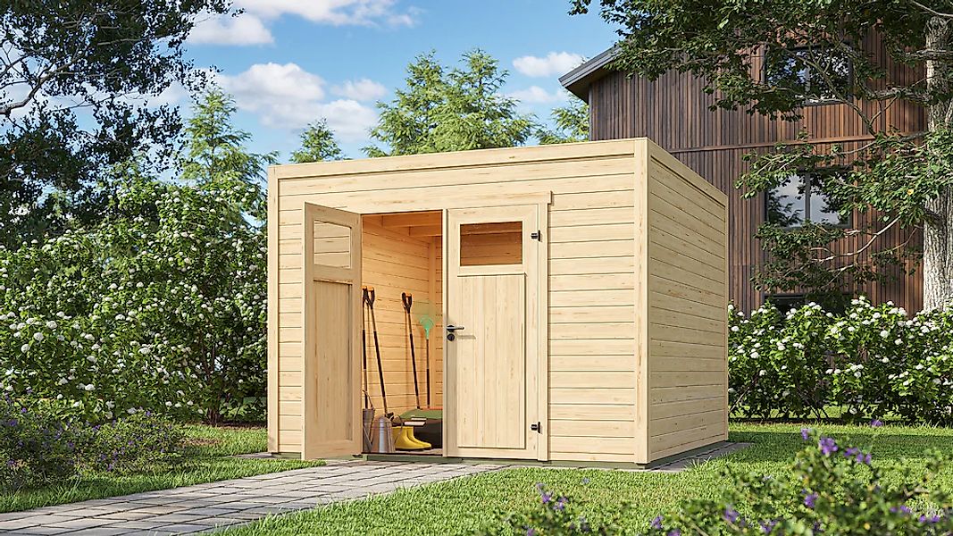 Weka Gartenhaus Batu 3 Flachdach Doppeltür Natur 300 cm x 300 cm günstig online kaufen