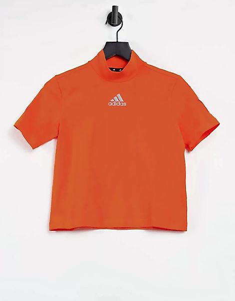 adidas – Training – Hochgeschlossenes, kurzärmliges T-Shirt in Orange günstig online kaufen