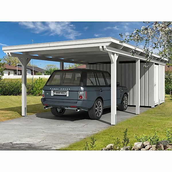 Skan Holz Carport Emsland 404 cm x 846 cm mit Abstellraum Weiß günstig online kaufen