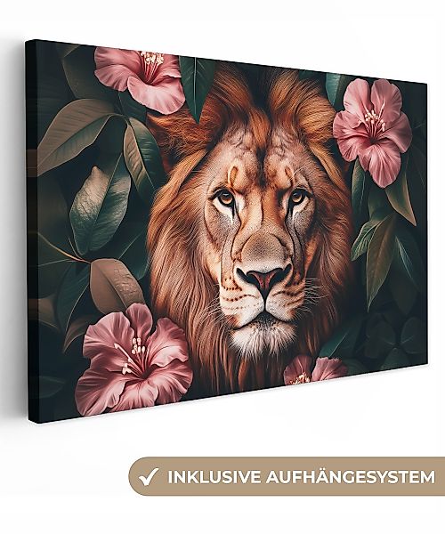 OneMillionCanvasses® Leinwandbild Löwe - Rosa Blumen günstig online kaufen