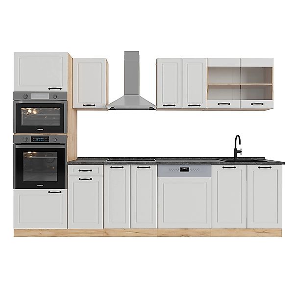 Vicco R-Line Küchenzeile Weiß Landhaus/Goldkraft Eiche 300 cm mit Hochschra günstig online kaufen