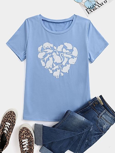 YOINS Cat & Heart Print Kurzarm-T-Shirt mit Rundhalsausschnitt günstig online kaufen