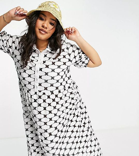 ASOS DESIGN Curve – Gestuftes Midi-Hemdkleid in Schwarz-Weiß mit Lochmuster günstig online kaufen