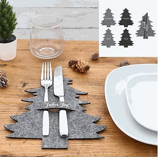 Besteckhalter Weihnachtsbaum 1 Stück ca. 19x23x1 cm Filz / Grau günstig online kaufen