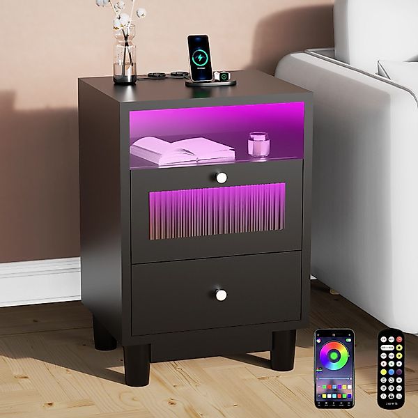 oyajia Nachttisch mit LED-Beleuchtung und Ladefunktion, günstig online kaufen