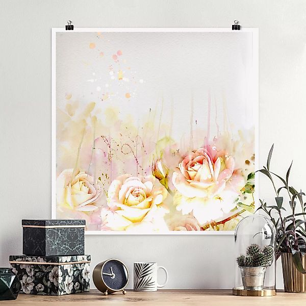 Poster - Quadrat Aquarell Blumen Rosen günstig online kaufen