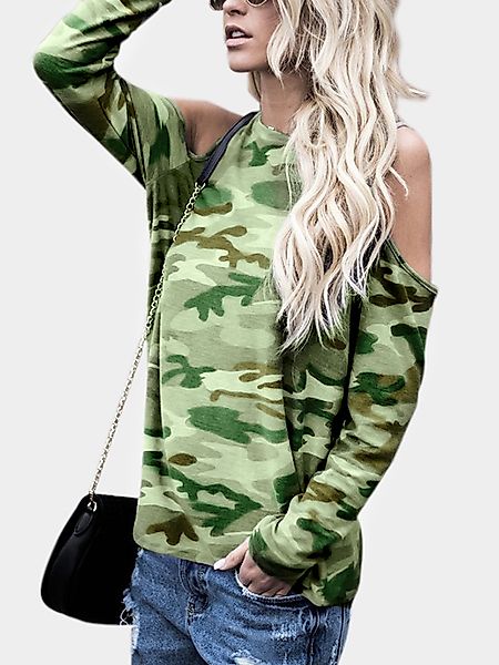 Camouflage Cold Shoulder Langarm T-Shirt günstig online kaufen