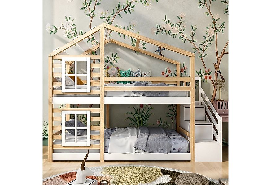Merax Etagenbett, mit Treppen und Rausfallschutz, Kinderbett Hochbett Kiefe günstig online kaufen