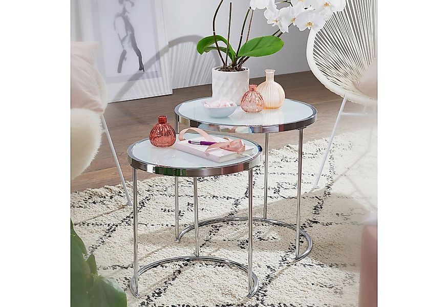FINEBUY Beistelltisch FB53075 2tlg Rund Wohnzimmertisch Weiß Glas Couchtisc günstig online kaufen