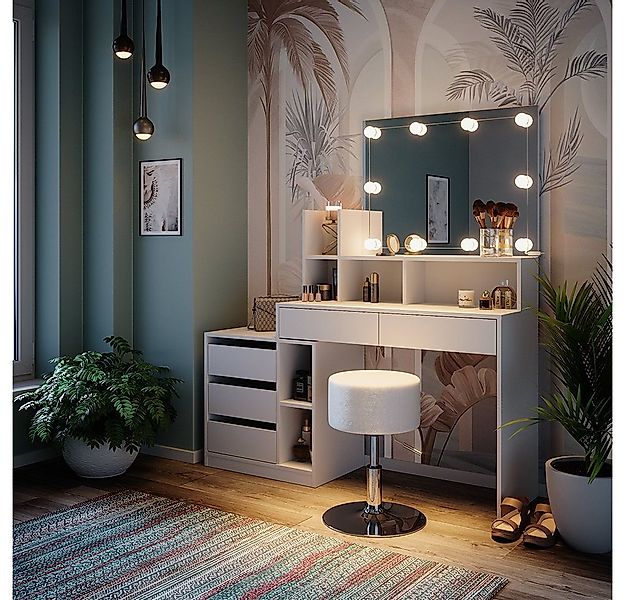 Vicco Schminktisch Anja, Weiß, 139.8 cm mit LED Beleuchtung und Hocker günstig online kaufen