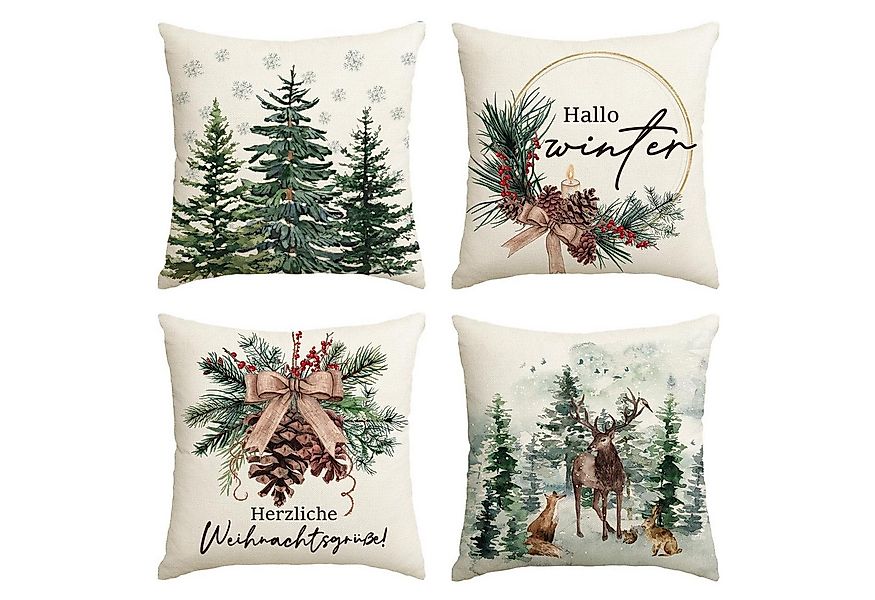 FOUORTUNATE-BEE Kissenbezug 4er Set Mode Holly Kiefernzapfen Rentier Baum W günstig online kaufen