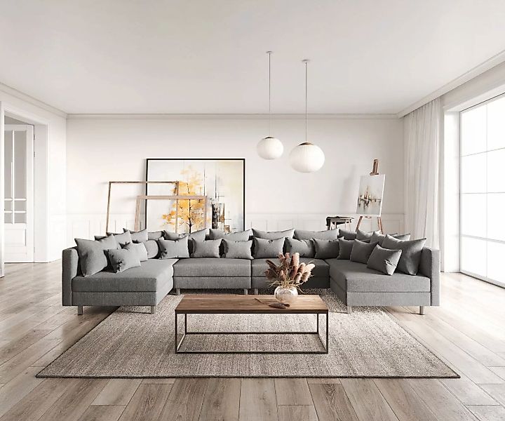 Wohnlandschaft Clovis XL Grau Flachgewebe Modulsofa günstig online kaufen