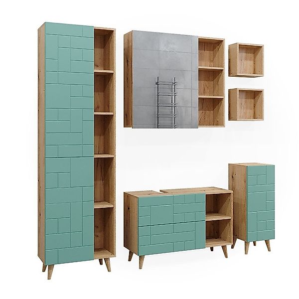 Vicco Badmöbel-Set Rudi, Mintgrün/Eiche, 6 Teile, günstig online kaufen