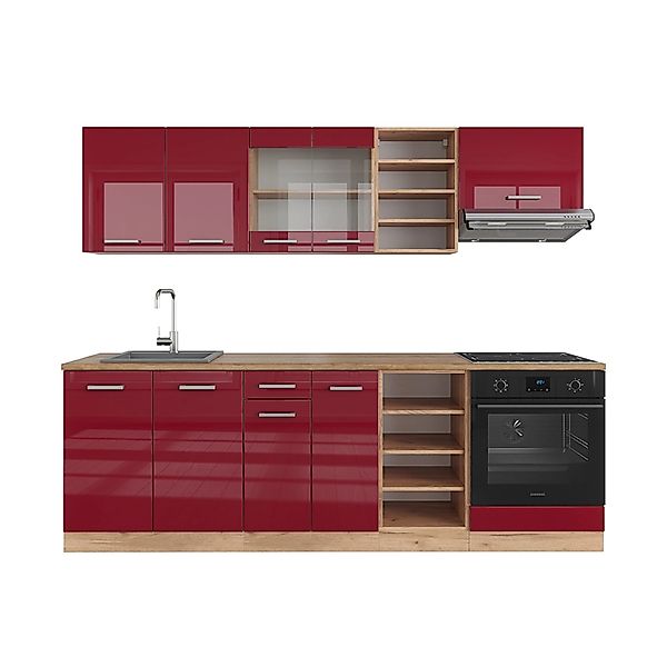 Vicco R-Line Küchenzeile Bordeaux Hochglanz/Goldkraft Eiche 240 cm ohne Arb günstig online kaufen