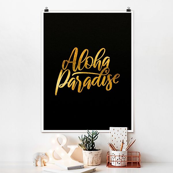 Poster - Hochformat Gold - Aloha Paradise auf Schwarz günstig online kaufen