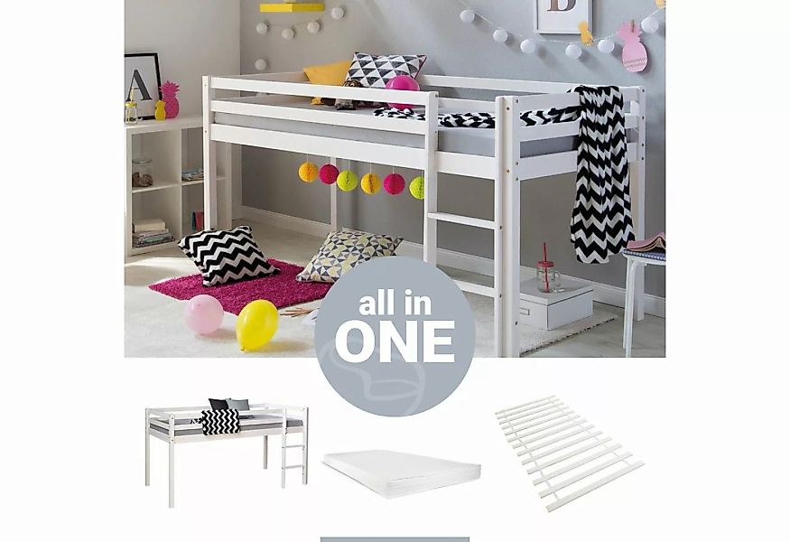 Homestyle4u Hochbett Kinderbett 90x200 Weiß Grau Lattenrost Matratze günstig online kaufen