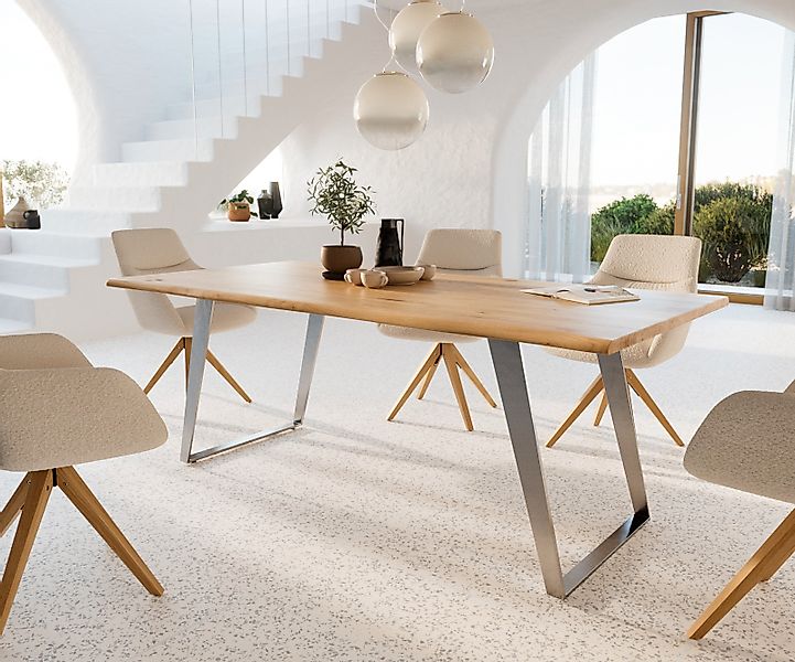 Esstisch Edge 200x100x2,5 Eiche Natur Edelstahl Schräg Live-Edge günstig online kaufen