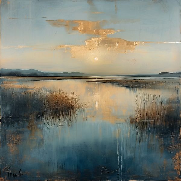 queence Acrylglasbild "Gräser im See mit goldenen Wolken" Abstrakt  Abstrak günstig online kaufen