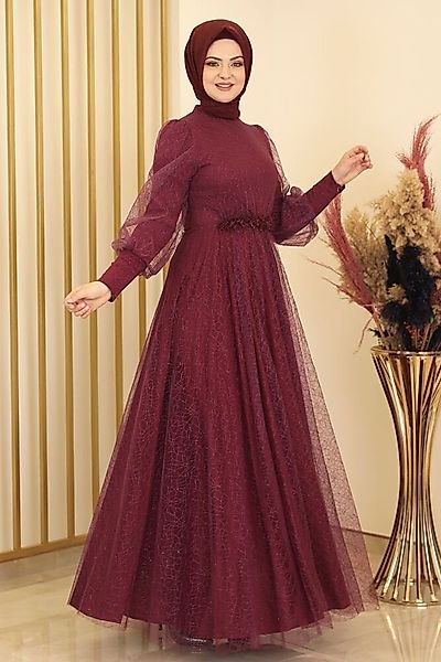 fashionshowcase Abendkleid silbriges Tüllkleid Abiye Abaya günstig online kaufen