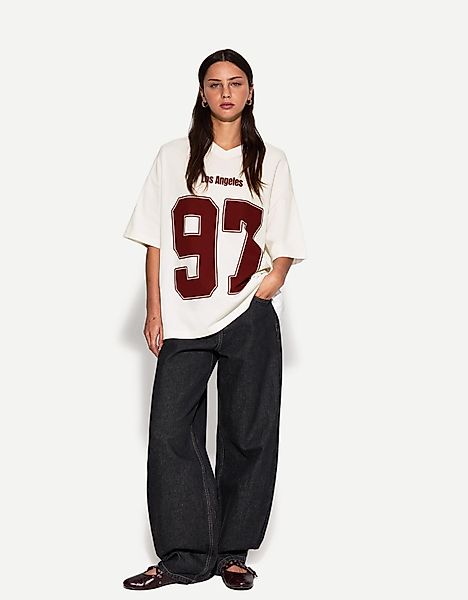 Bershka T-Shirt Mit V-Ausschnitt Und Print Damen M Grbrochenes Weiss günstig online kaufen