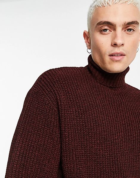 ASOS DESIGN – Gerippter Oversize-Fischer-Pullover mit Rollkragen in Rot ver günstig online kaufen