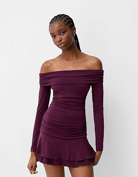 Bershka Minikleid Mit Langen Ärmeln Und Volants Damen L Granatrot günstig online kaufen