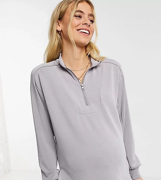 Pieces – Umstandsmode – Pullover mit kurzem Reißverschluss in Grau, Kombite günstig online kaufen