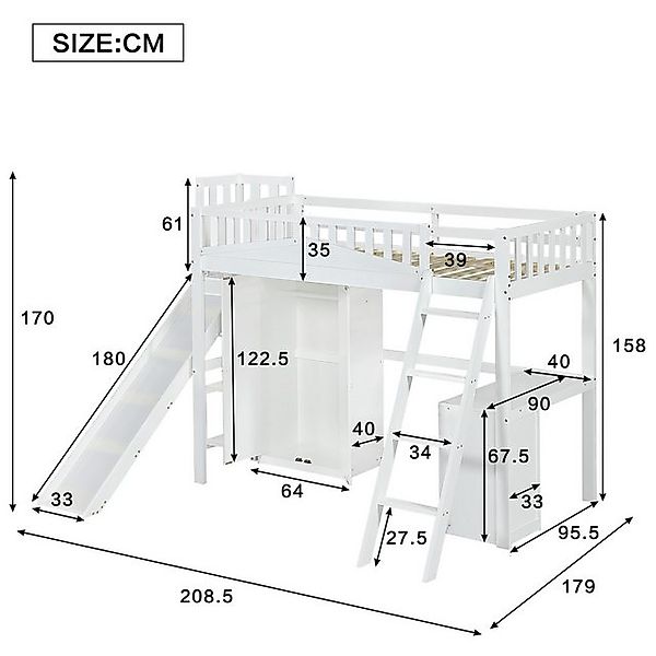 Flieks Hochbett Kinderbett 90x200cm mit Kleiderschrank, Schreibtisch, Leite günstig online kaufen