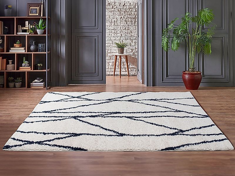 Hochflorteppich mit asymmetrischem Muster - 160 x 230 cm - Weiß & Dunkelbla günstig online kaufen