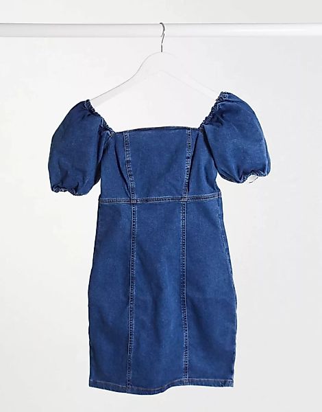 New Look – Mini-Jeanskleid mit Puffärmeln in Mittelblau günstig online kaufen
